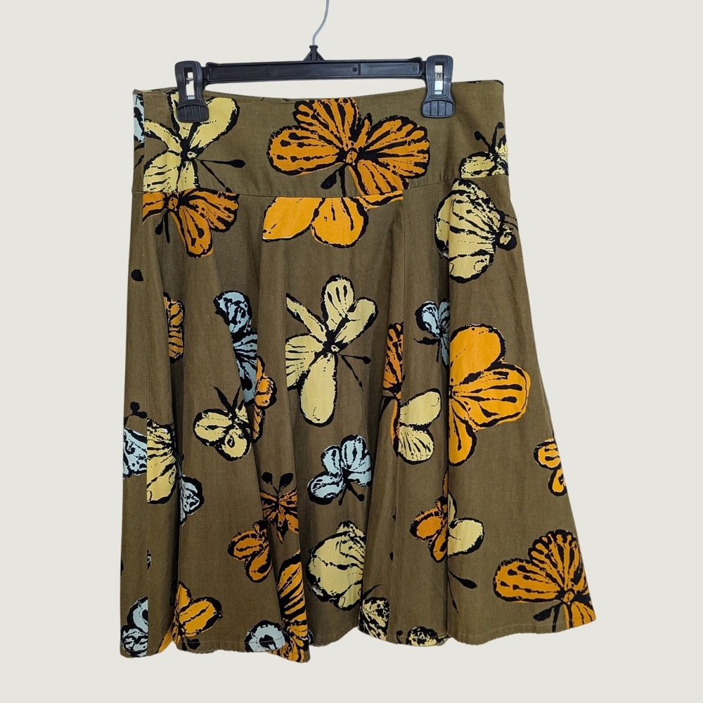 Anthropologie Fei Corduroy Circular Butterfly Print Skirt Olive Green Size 6